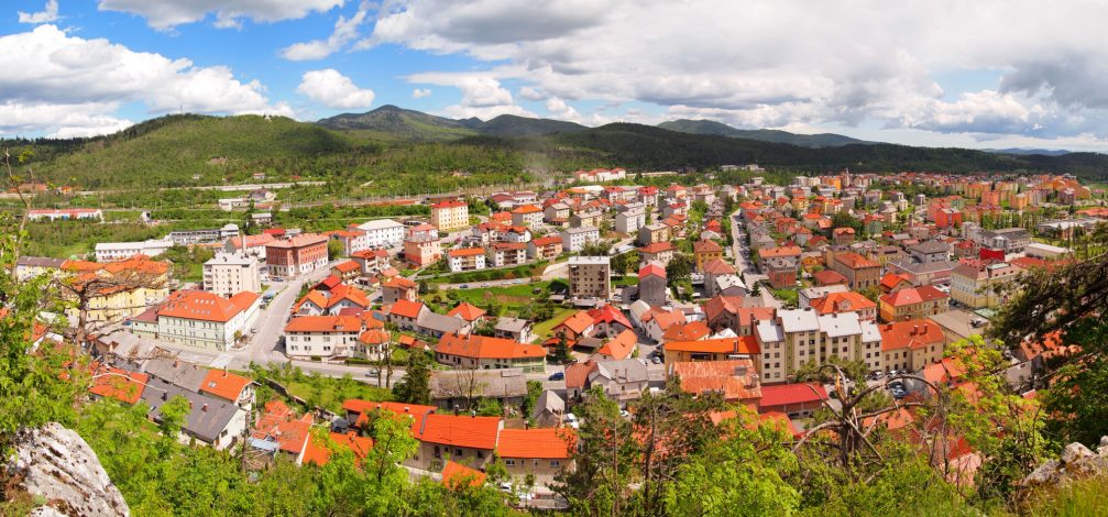 An elevated view of the town of Postojna, Slovenia