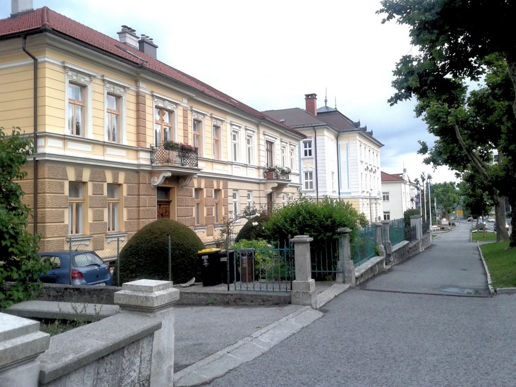 The buildings in the Ljubljanska Ulica street in the centre of Postojna, Slovenia