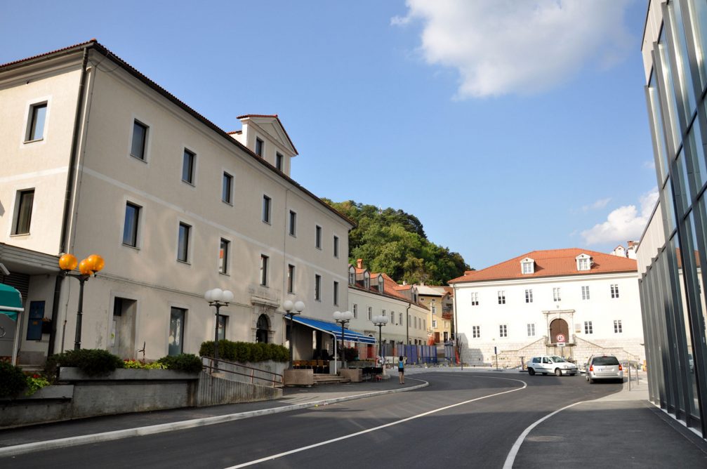 The Trzaska Cesta road in the town center of Postojna, Slovenia