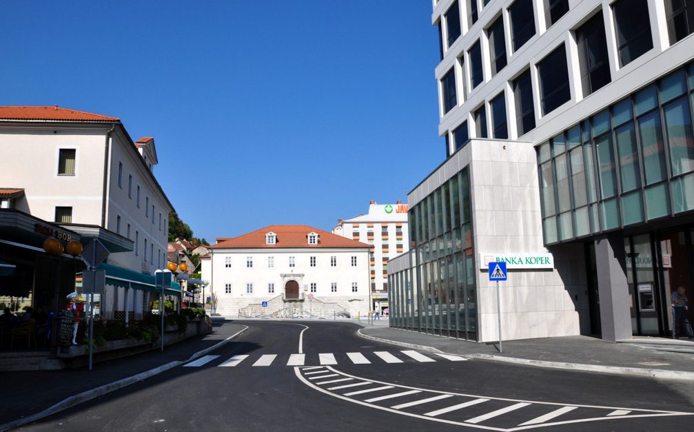 A pedestrian zebra crossing in the town centre of Postojna, Slovenia