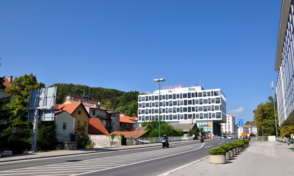 Exterior of the Kras Hotel in Postojna, Slovenia