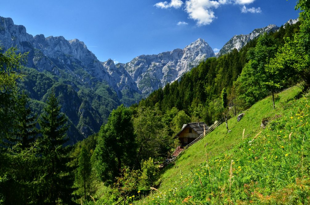 A small farm building in the Robanov Kot Valley and Landscape Park in Slovenia