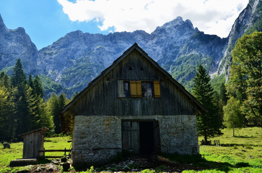 An old wooden barn in the Robanov Kot Valley and Landscape Park in northern Slovenia