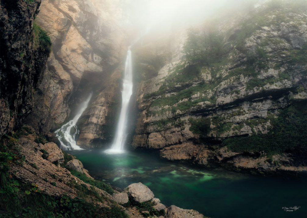 Savica Falls above Lake Bohinj in Triglav National Park in northwestern Slovenia