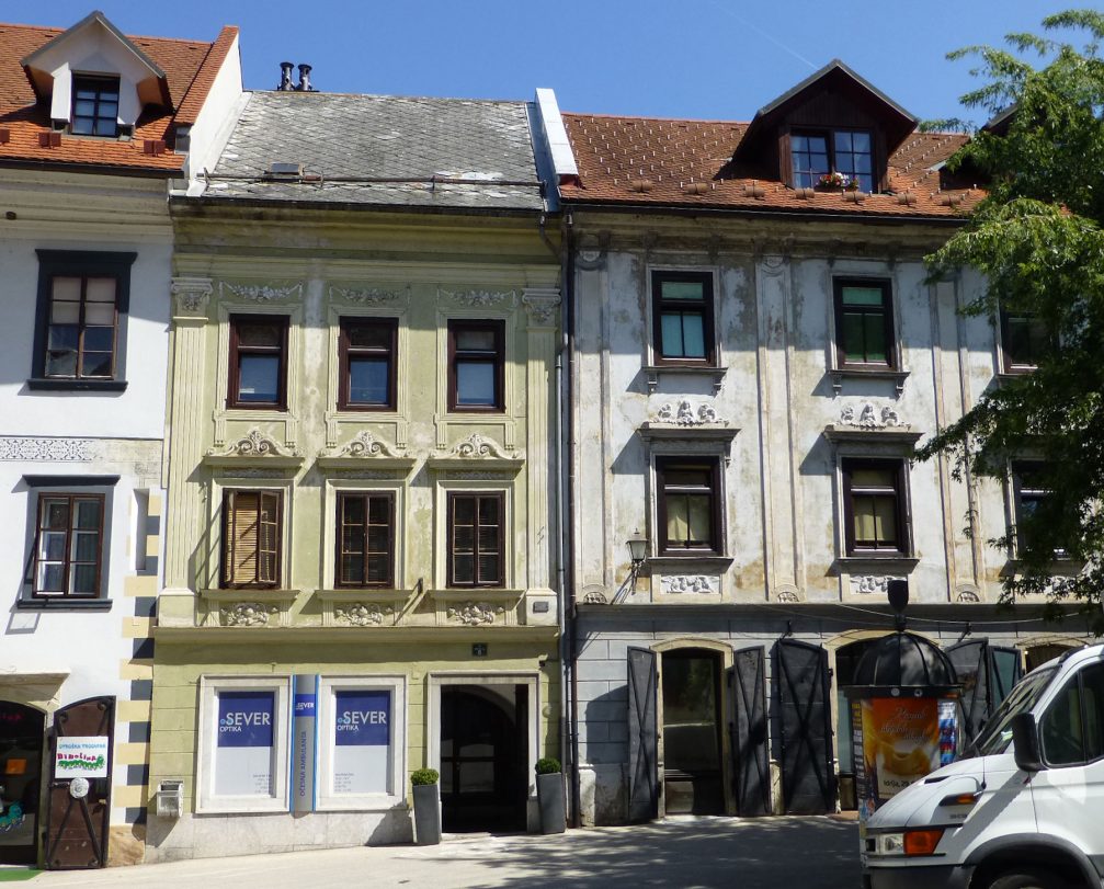 View of the historic Kasman house on the Town square in Skofja Loka, Slovenia