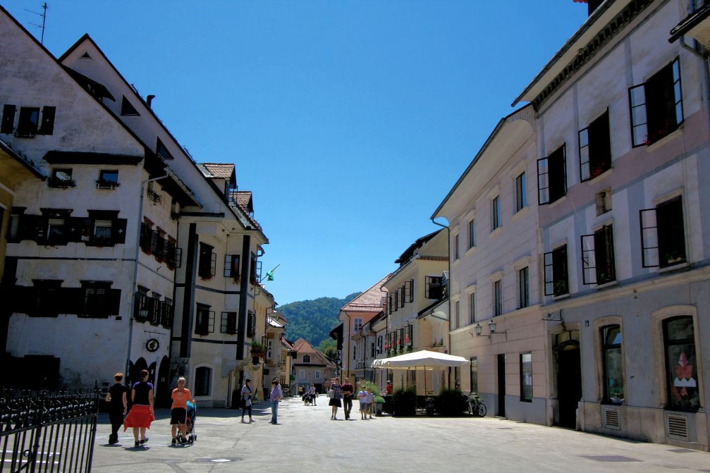 A view towards the southern part of the Mestni Trg square in Skofja Loka, Slovenia