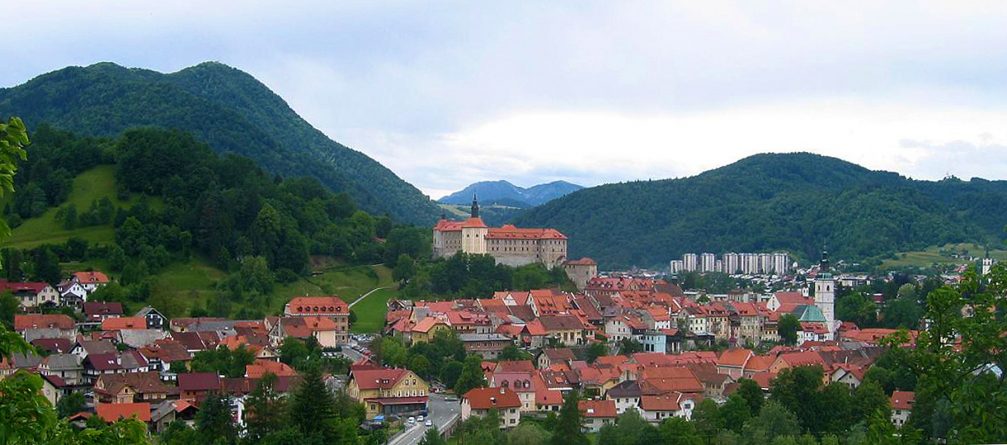 Panoramic view of the town of Skofja Loka in northwestern Slovenia with the Loka Castle above