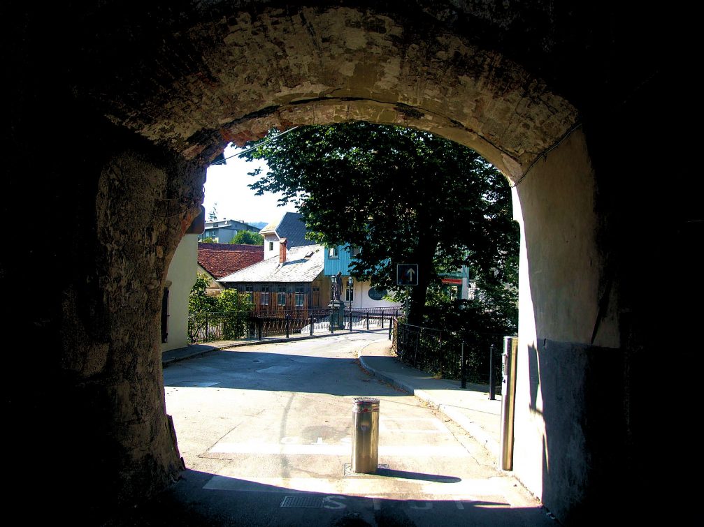 View of the arched passage in Skofja Loka called the Selca Town Gate