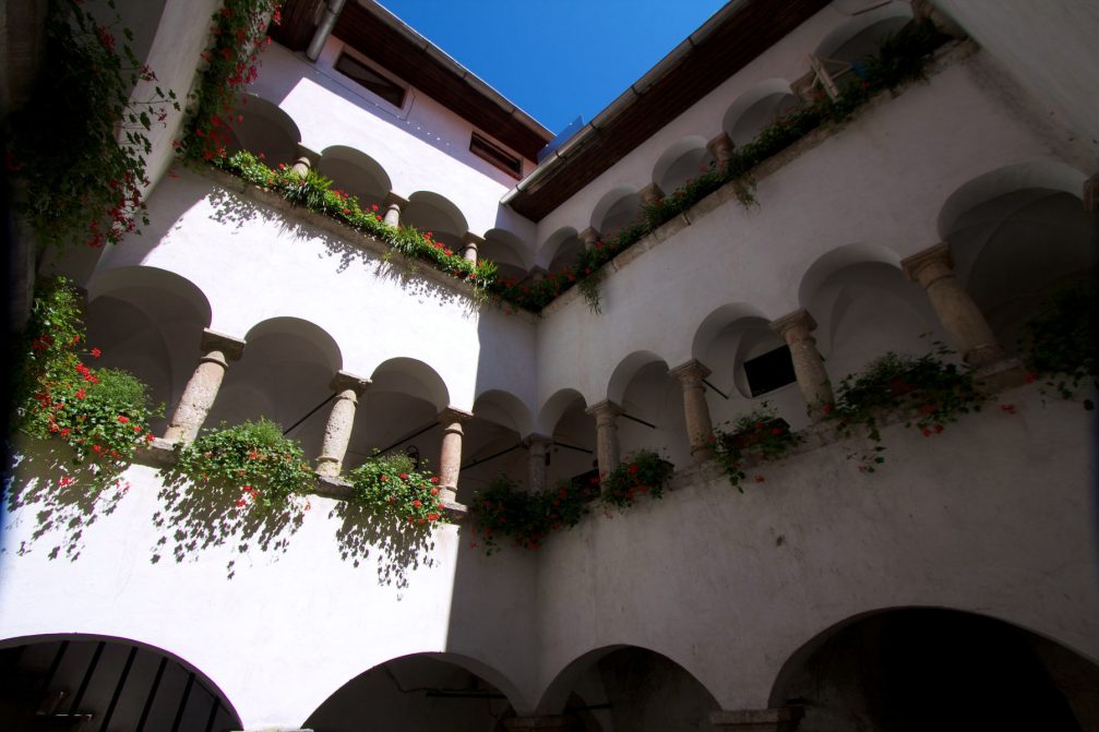 The three-storey Renaissance-style arcaded courtyard of a former Town Hall in Skofja Loka, Slovenia