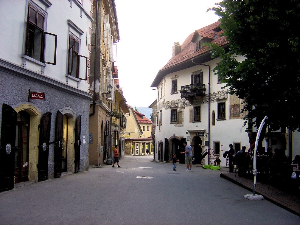 A street view in the historic town centre of Skofja Loka in Slovenia