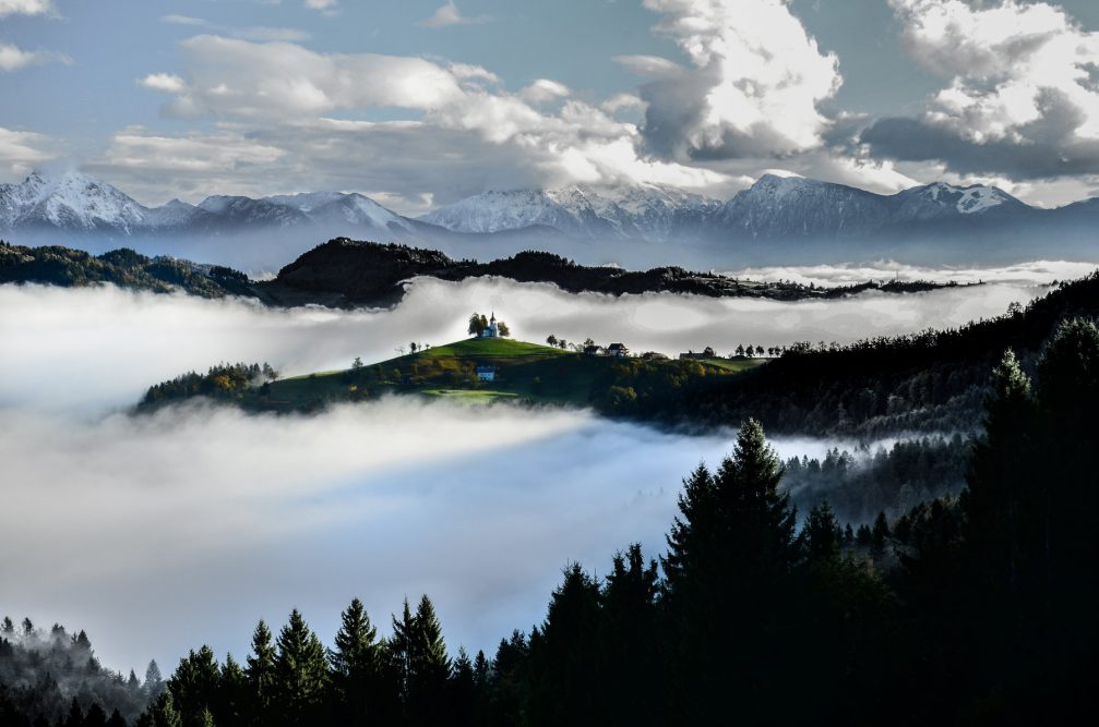 Panoramic view of the Church of St. Thomas above the village of Sveti Tomaz in Slovenia