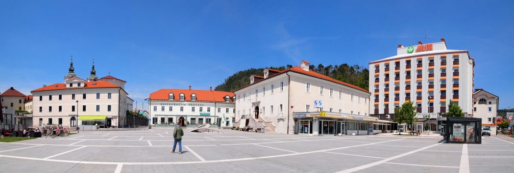 The main square Titov Trg in the centre of Postojna, Slovenia