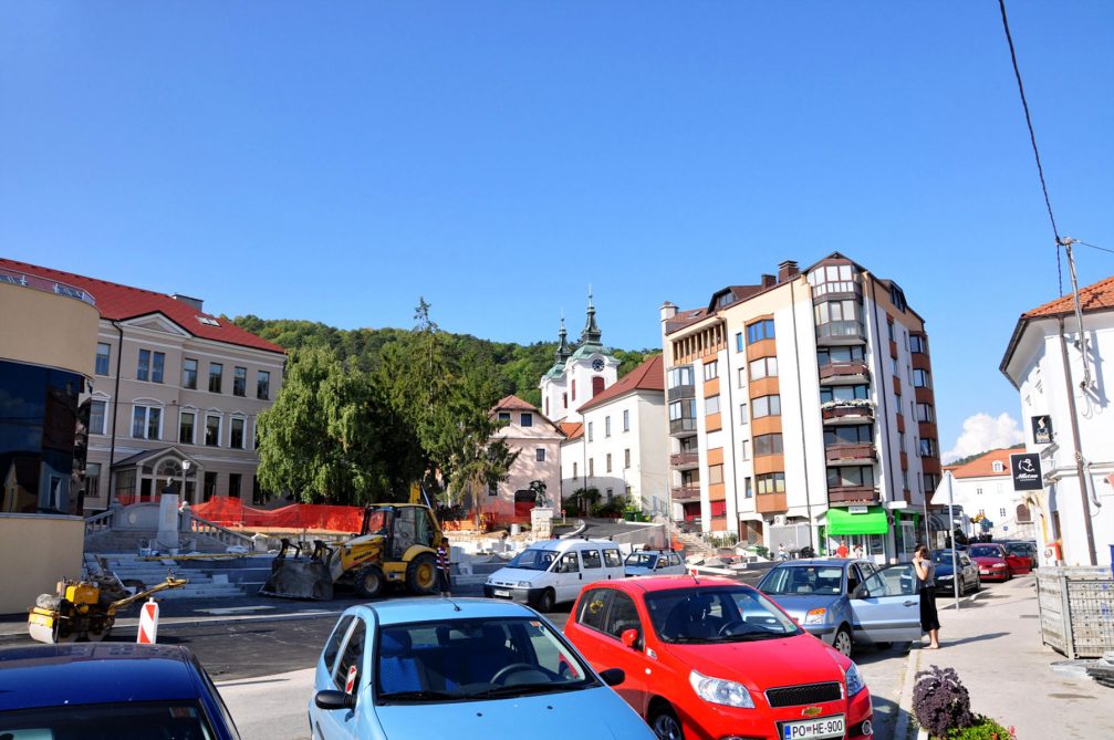 The Trg Padlih Borcev square in the centre of Postojna, Slovenia