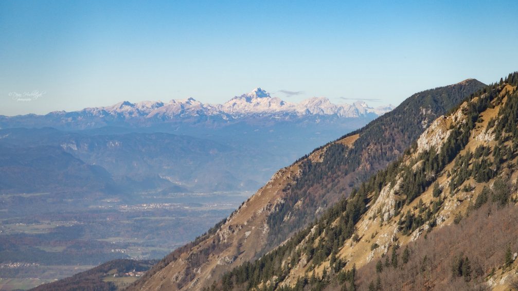 View of the Julian Alps with the Triglav mountain from Kalisce above Preddvor, Slovenia