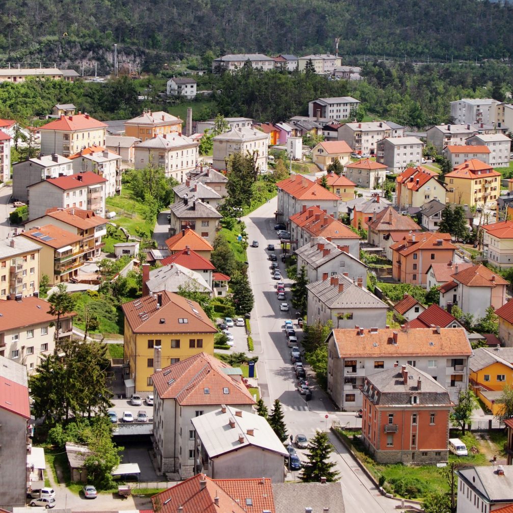 An elevated view of the Vojkova Ulca street in Postojna, Slovenia