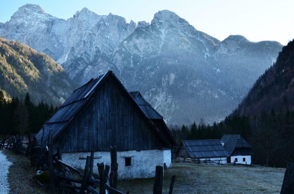 Traditional old houses in Zadnja Trebta in Triglav National Park, Slovenia