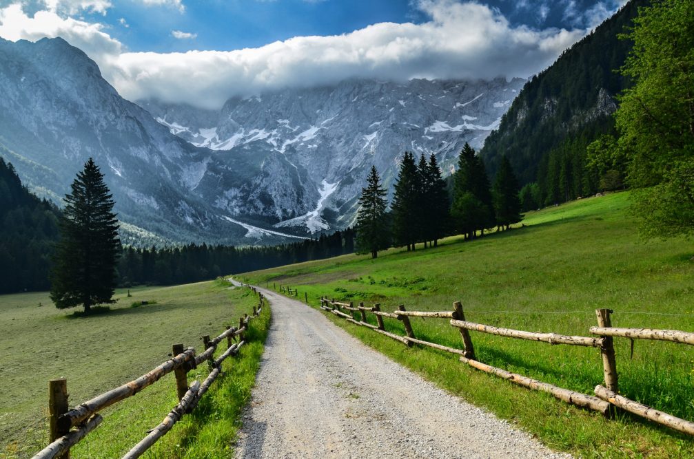 The Ravenska Kocna valley hemmed in by the Kamnik-Savinja Alps in Zgornje Jezersko, Slovenia