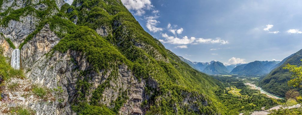 Panorama of the Boka waterfall and the Soca Valley, Slovenia