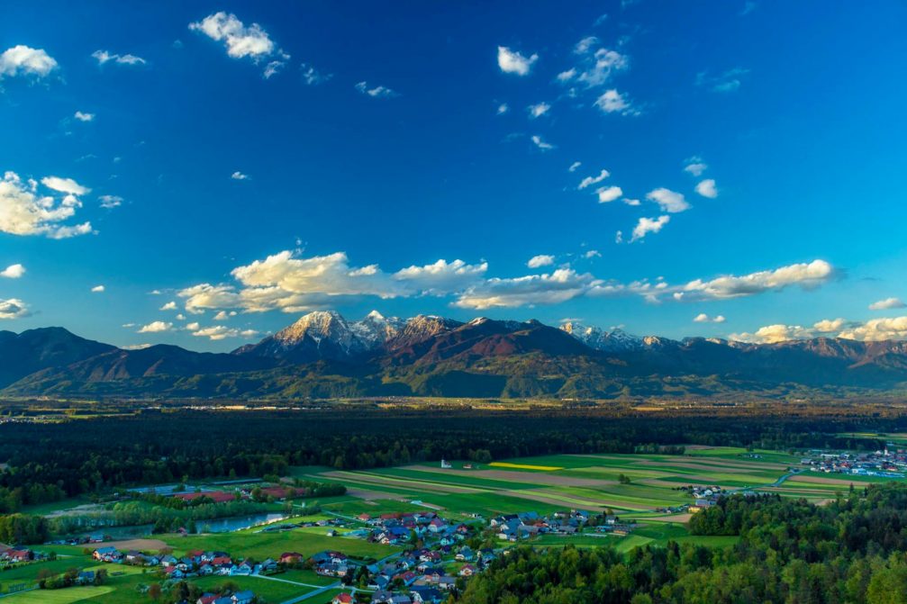 Elevated view of the Hrase village in northwestern Slovenia from the Old Smlednik Castle