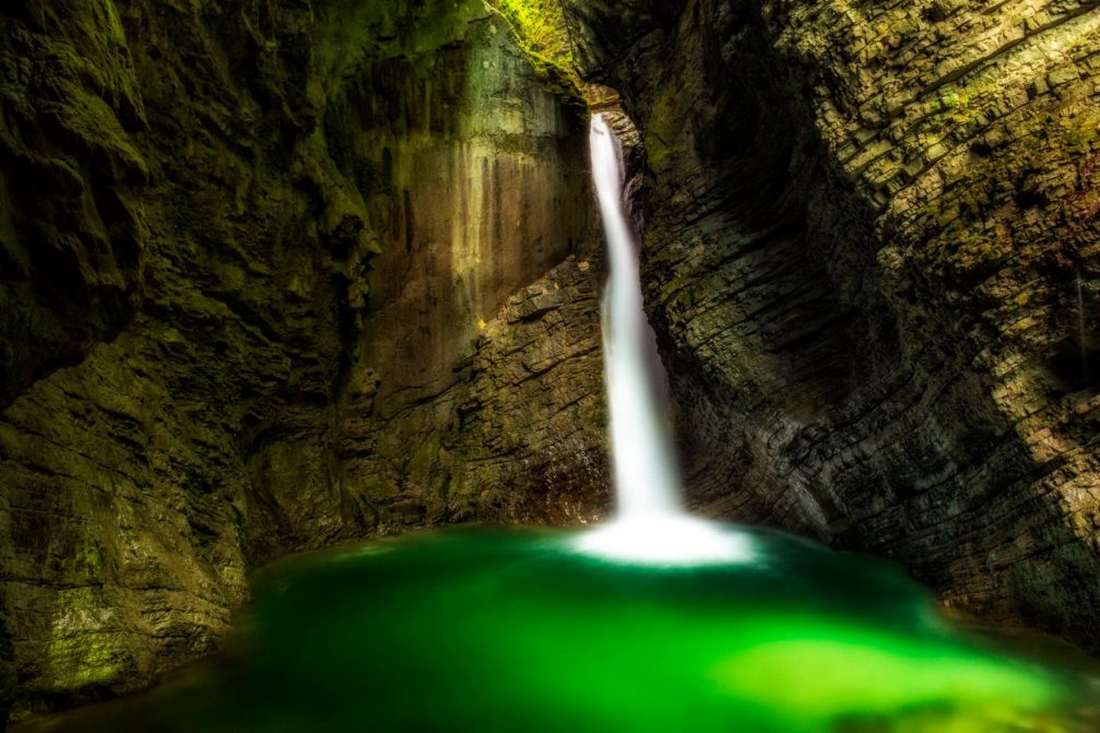 Kozjak Falls with an emerald green pool at its base