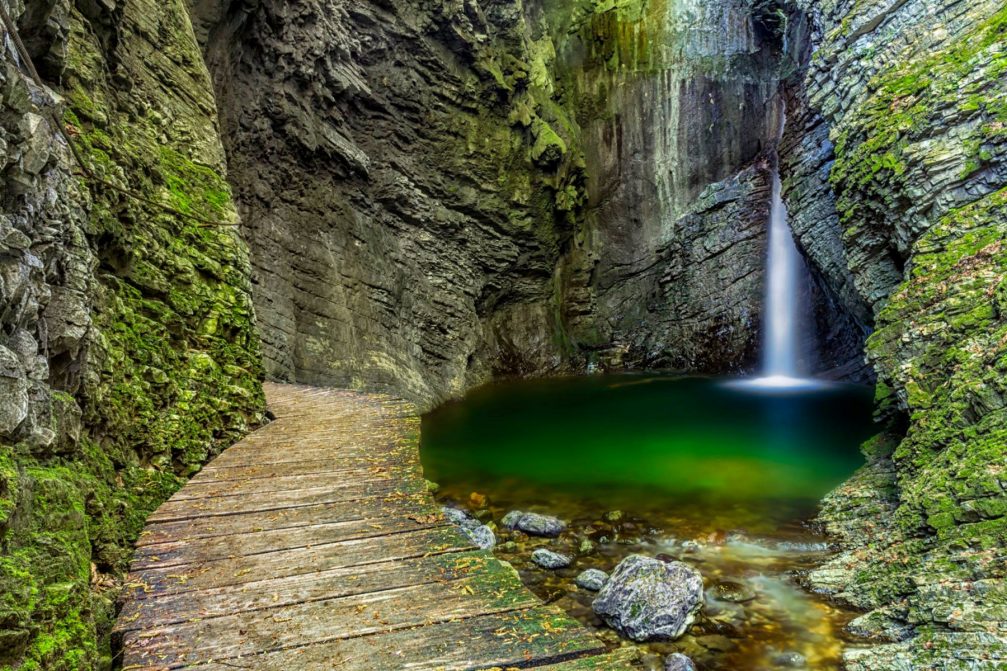 The sublimely beautiful Kozjak waterfall in Kobarid, Slovenia