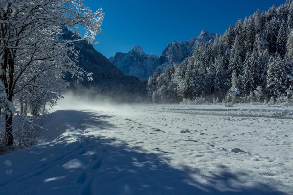 Countryside near Kranjska Gora in the Slovenian Alpine area in winter with plenty of snow