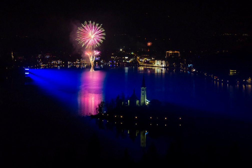 New year's fireworks over Lake Bled in Slovenia