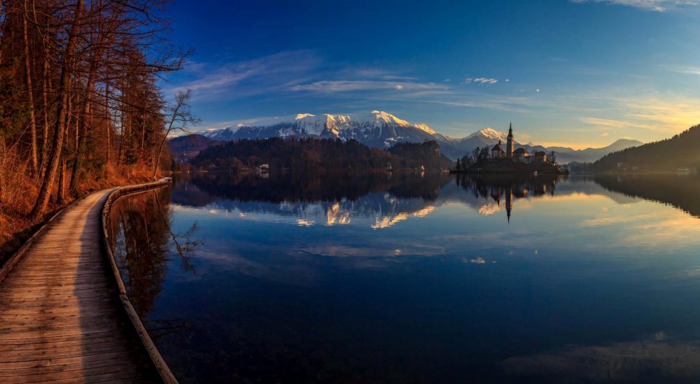 Wooden walkway around the Lake Bled, Slovenia