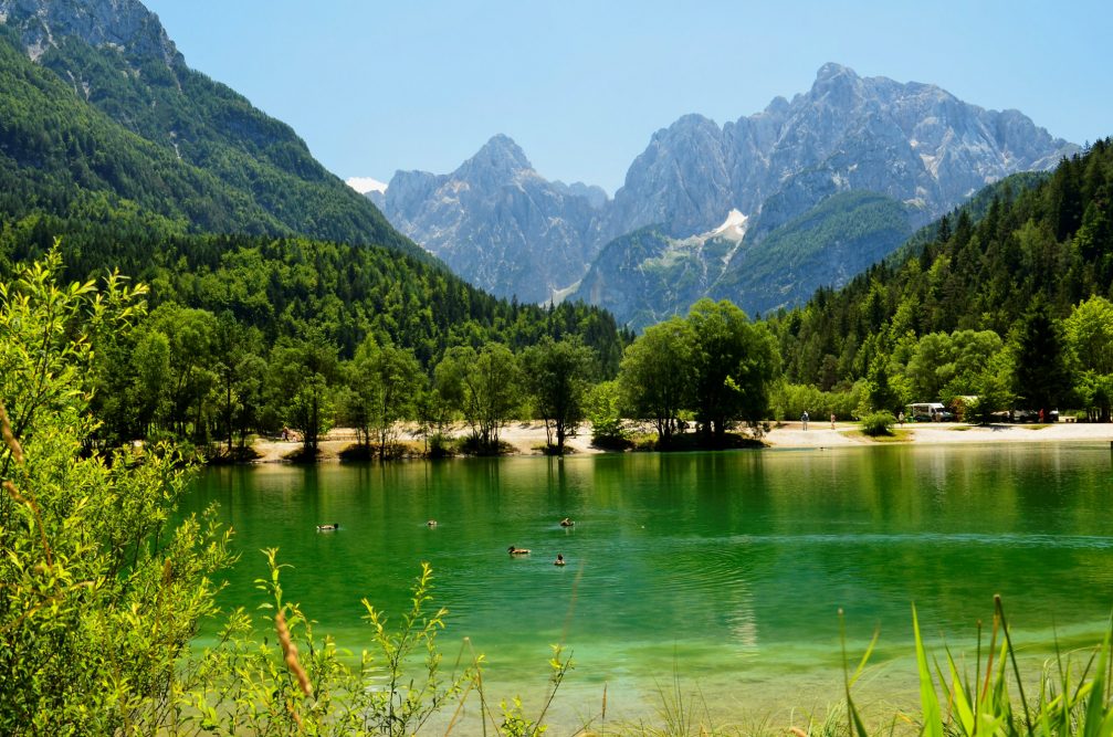 Lake Jasna in Kranjska Gora, Slovenia with its backdrop of the Julian Alps