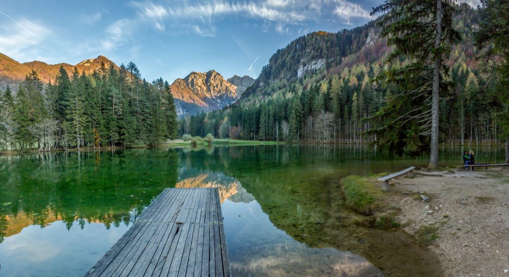 Panorama of Lake Plansarsko Jezero in the Jezersko valley in northern Slovenia