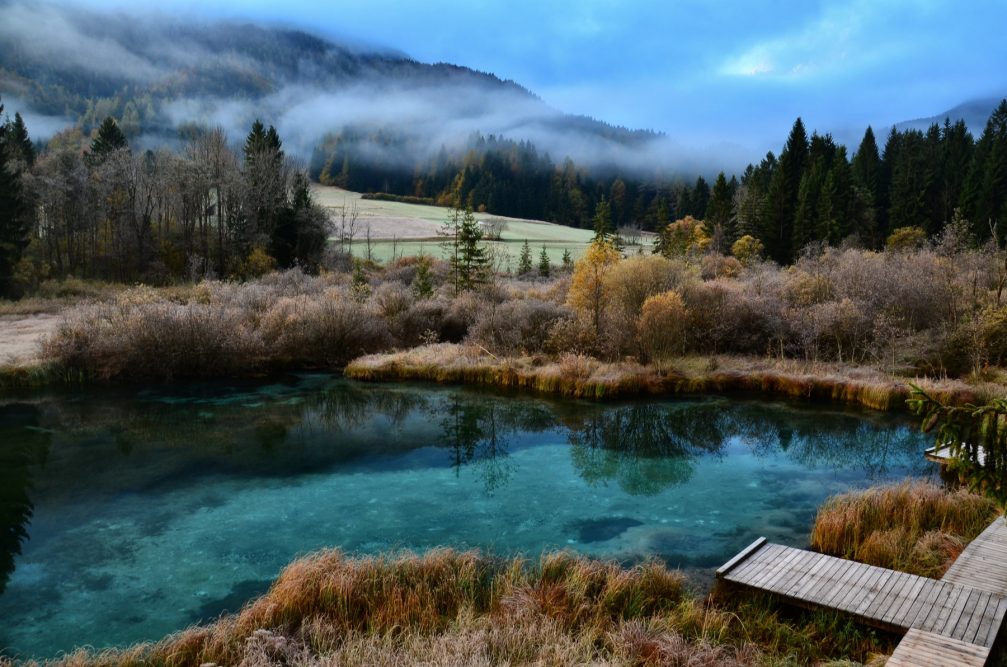 Elevated view of Lake Zelenci in the Zelenci Nature Reserve in Slovenia