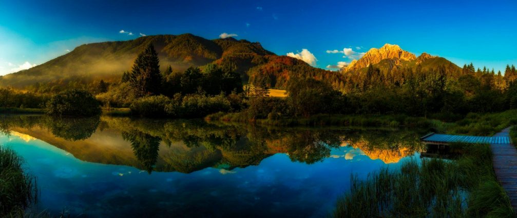 A beautiful panorama of the Zelenci lake in the Zelenci nature reserve in northwestern Slovenia