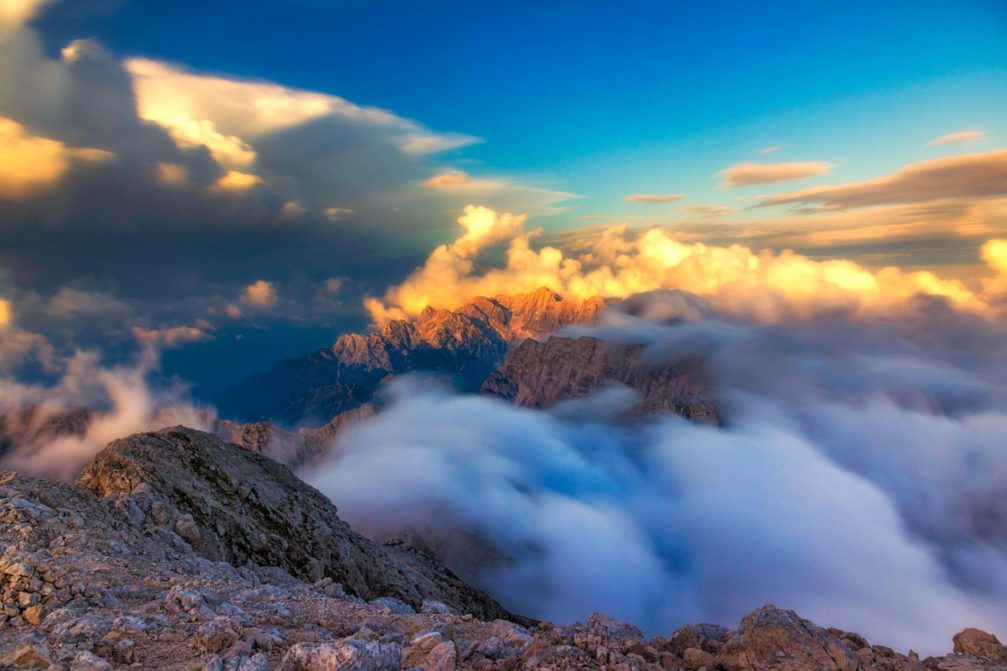 Viev of the Julian Alps from Mangart, the 3rd highest peak in Slovenia