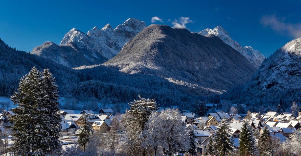 The village of Mojstrana, Slovenia in winter