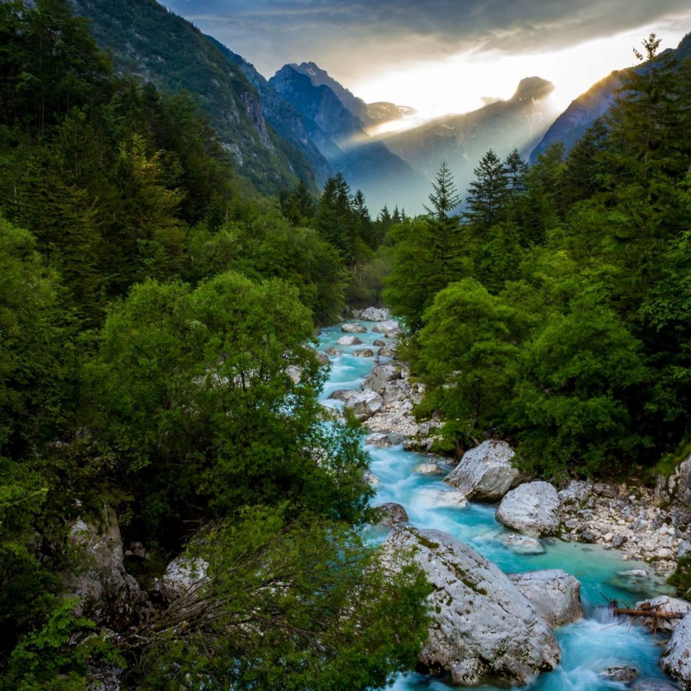 The aquamarine Soca River flowing through western Slovenia