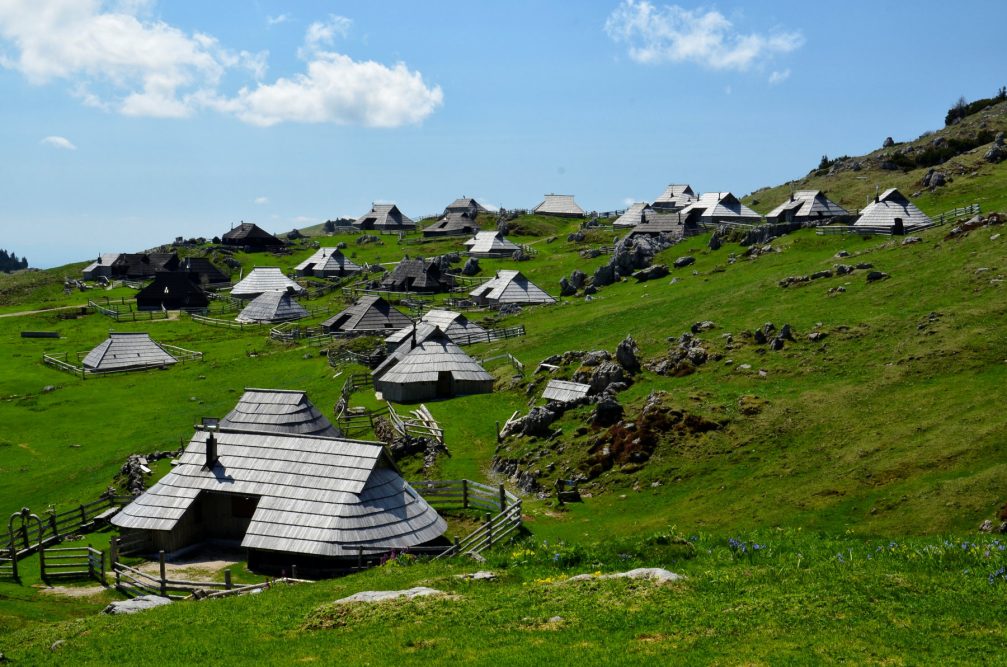 Shingle-roofed herdsmen's huts on the Velika Planina plateau in the Kamnik-Savinja Alps in Slovenia