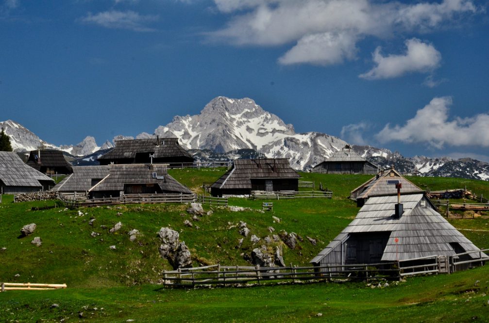 The traditional wooden huts on the Velika Planina plateau in Slovenia