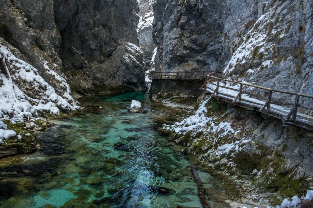 Vintgar Gorge or Bled Gorge in Slovenia during winter with some snow