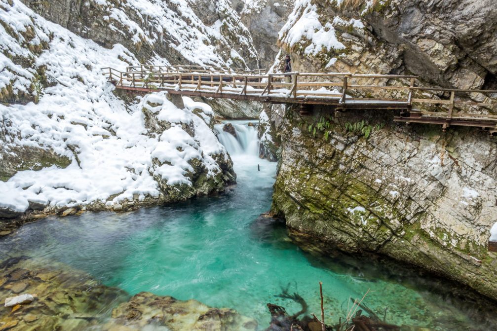 Vintgar Gorge in winter with snow