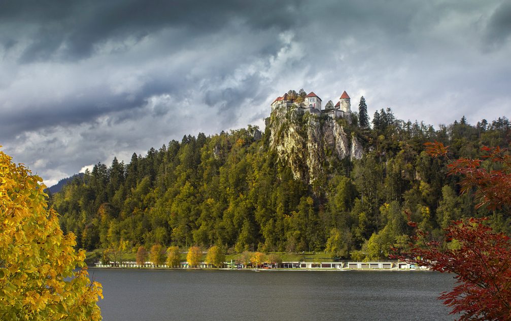 Bled Castle perched atop a steep cliff more than 130 meters above Lake Bled in Slovenia