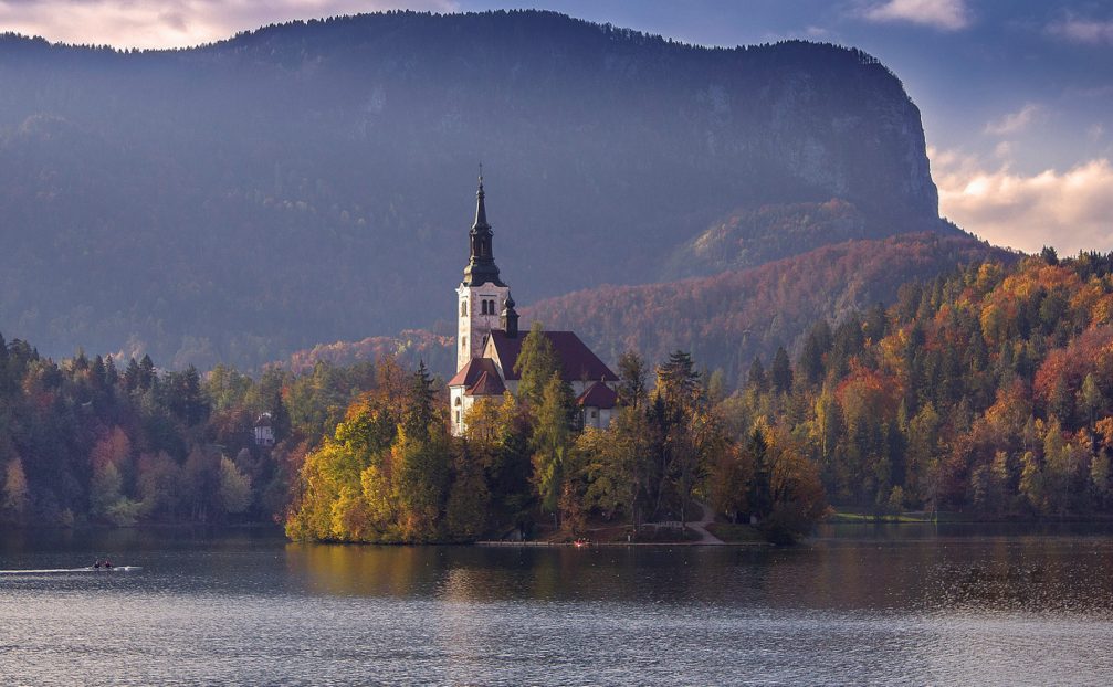 Lake Bled with a postcard-perfect church standing on a small island