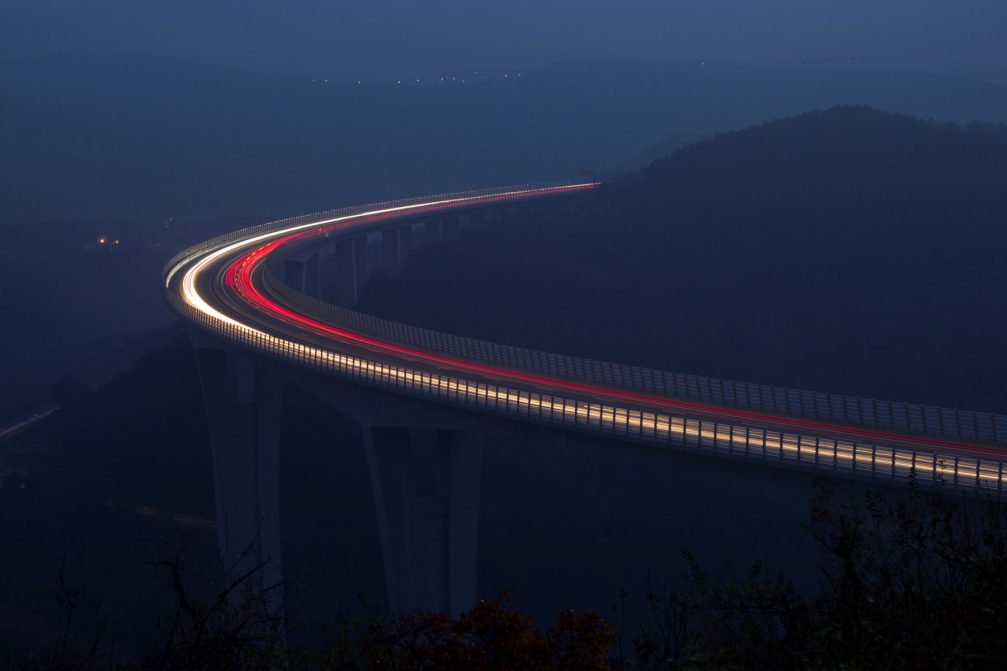 The Crni Kal Viaduct in southwestern Slovenia at night
