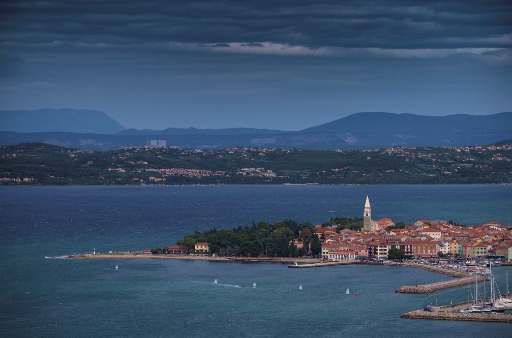 An elevated view of Izola, a small fishing town in Slovenia