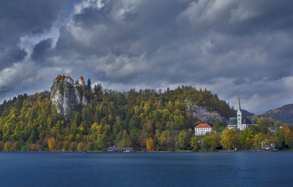 Lake Bled in Slovenia with the clifftop castle and the Church of St Martin
