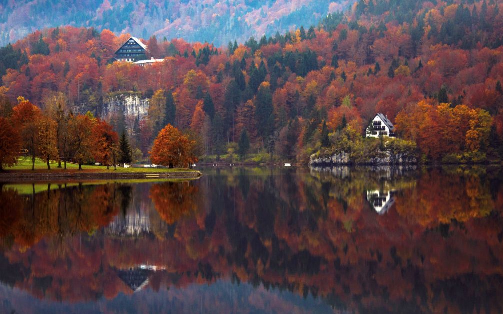 Picturesque Lake Bohinj in Slovenia during the fall season