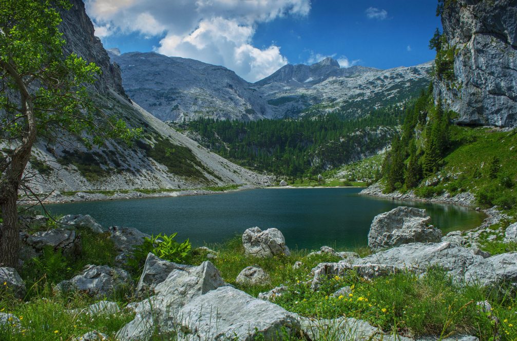 Lake Krn in Triglav National Park in Slovenia with Mt. Krn in the background