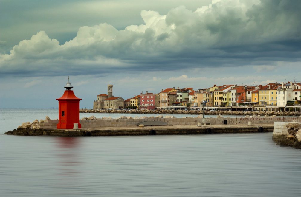 The coastal town of Piran in Slovenia, located on a long and narrow peninsula