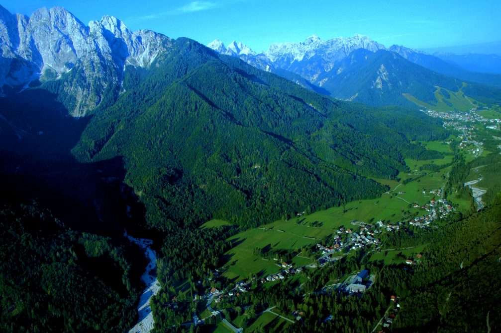 An aerial view of the Gozd Martuljek village in the Slovenian Alps