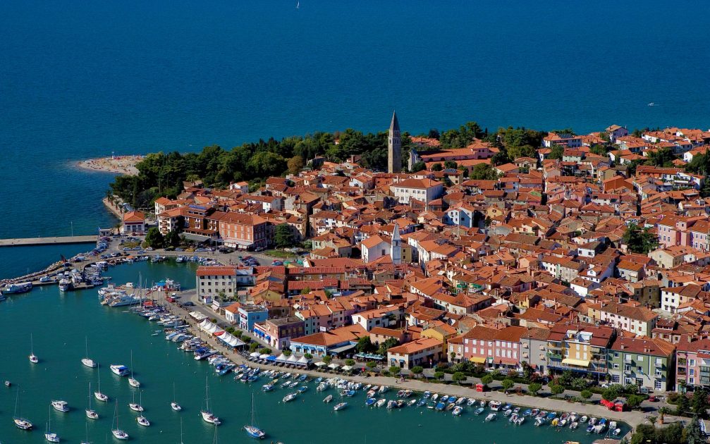 An aerial view of the coastal town of Izola, Slovenia