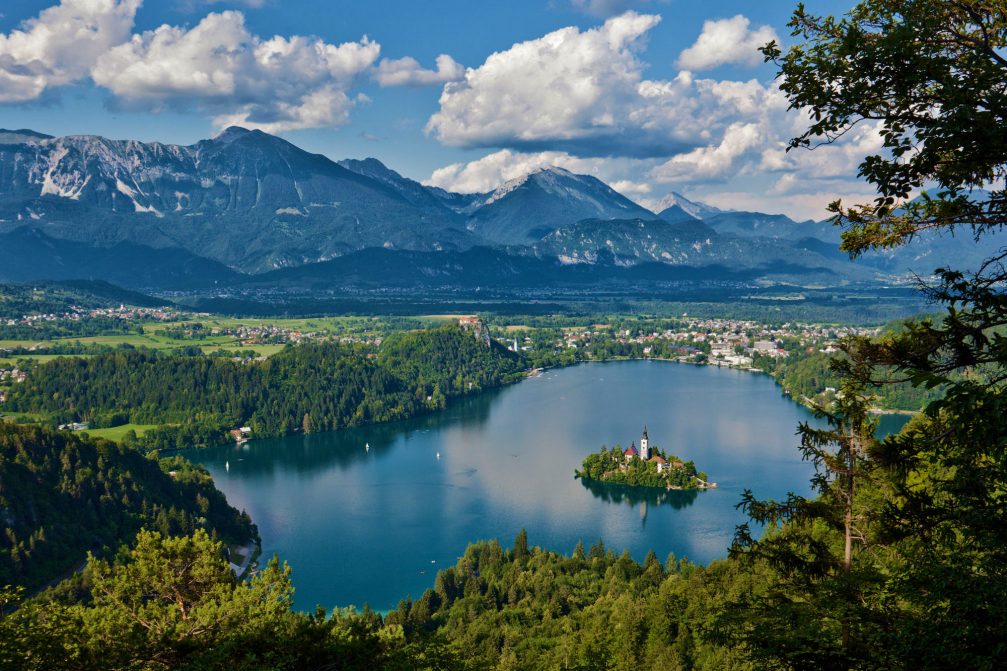 An elevated view of Lake Bled in Slovenia